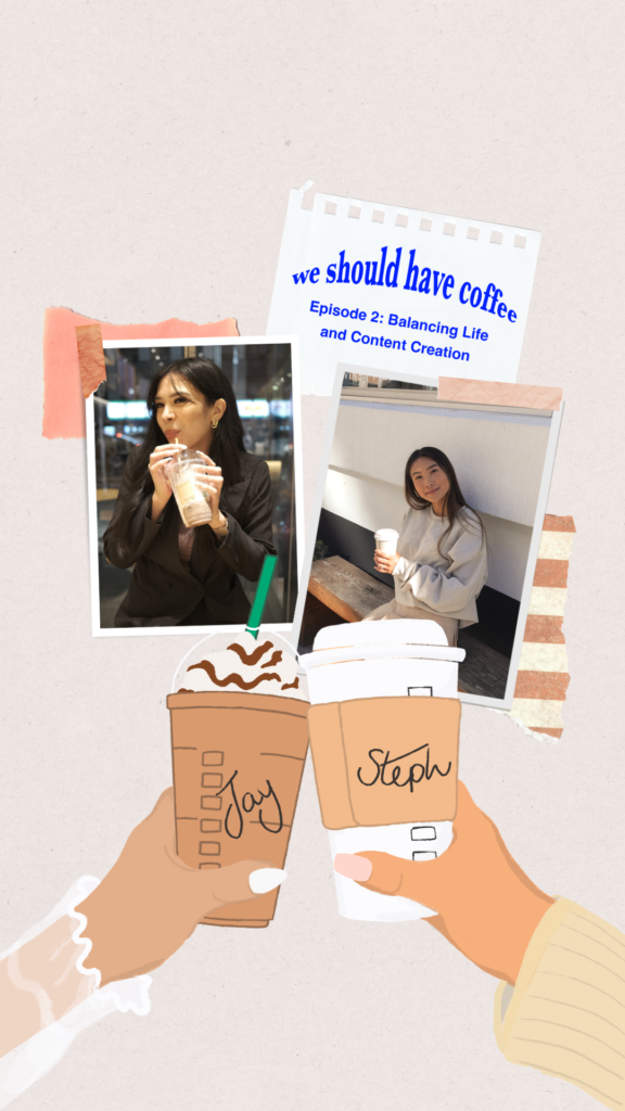 Two women drinking coffee. Illustrated iced mocha on the left being held by a woman's hand. A tall latte is on the right held by a different woman's hand. The title "We Should Have Coffee" is written at the top in navy blue.